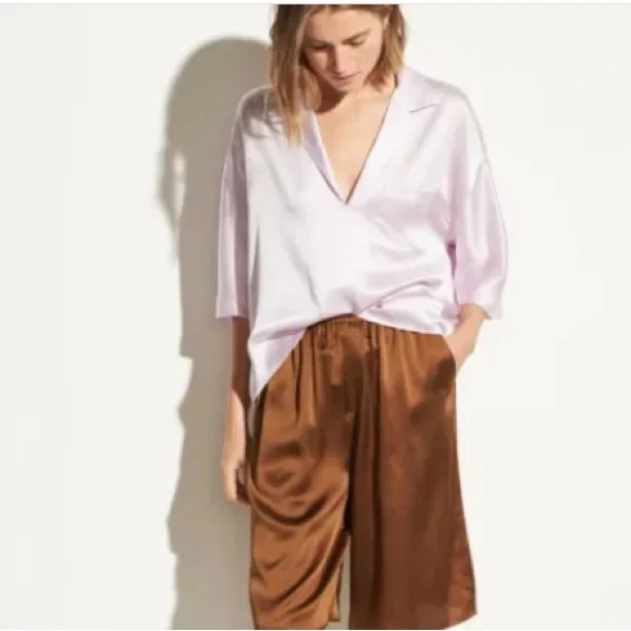 NEW Vince Satin 100% Silk Pajama Shirt Blouse, Pale Iris (Purple) Size S $295 - Picture 2 of 10